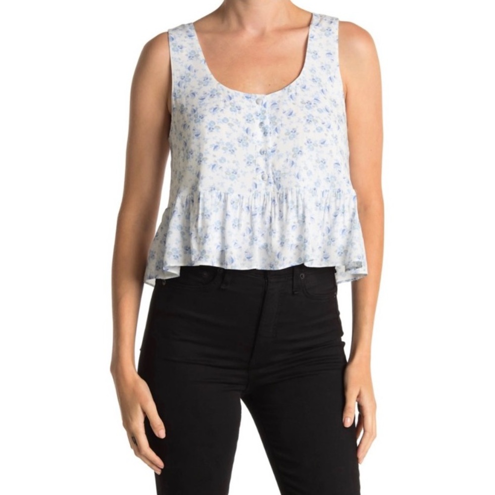 WAYF Blue Floral Cropped Ruffle Bottom Tank